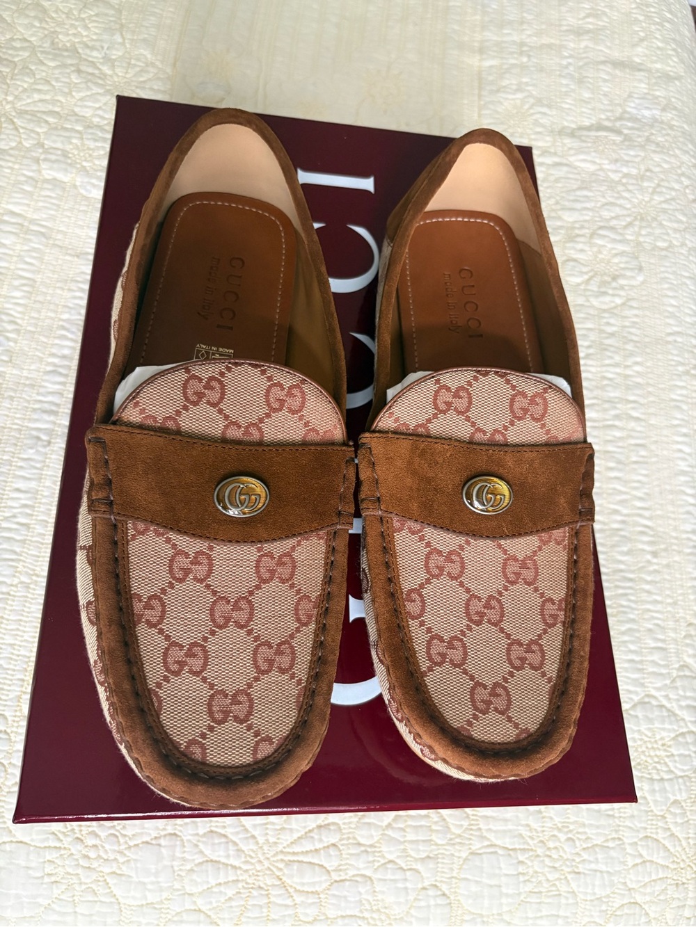 Gucci Brown GG Monogram Suede Trim Loafers with Gold-Tone Logo